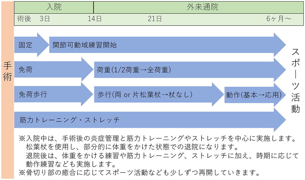 図6 膝周囲骨切り術後のリハビリテーションの流れ